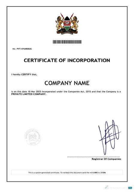 Realistische Herunterladen Kenia Certificate von Incorporation Word und PDF Vorlage Photoshop Vorlage