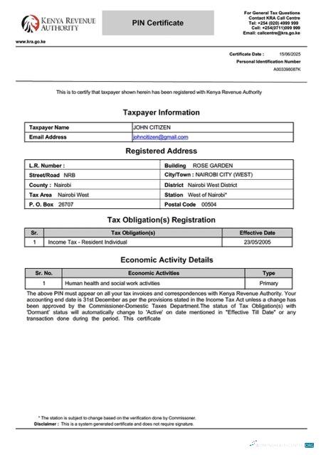 Editierbare Herunterladen Kenia Taxpayer Certificate Word und PDF Vorlage Photoshop Vorlage