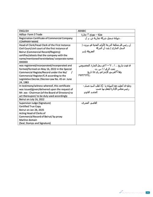 Hochwertige Herunterladen Libanon Registration Certificate Word und PDF Vorlage Photoshop Vorlage