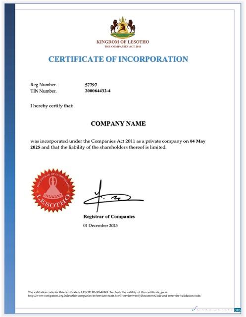 Premium Herunterladen Lesotho Certificate von Incorporation Word und PDF Vorlage Photoshop Vorlage