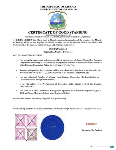 Premium Herunterladen Liberia Certificate von Good Standing Word und PDF Vorlage Photoshop Vorlage