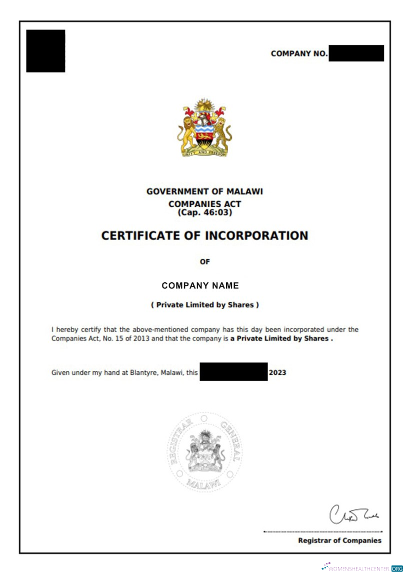 Professionelle Herunterladen Malawi Certificate von Incorporation Photoshop Vorlage