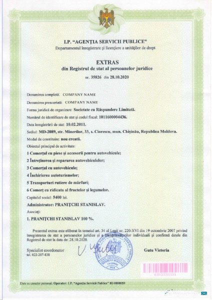 Hochwertige Herunterladen Moldavia Certificate von Incorporation Photoshop Vorlage
