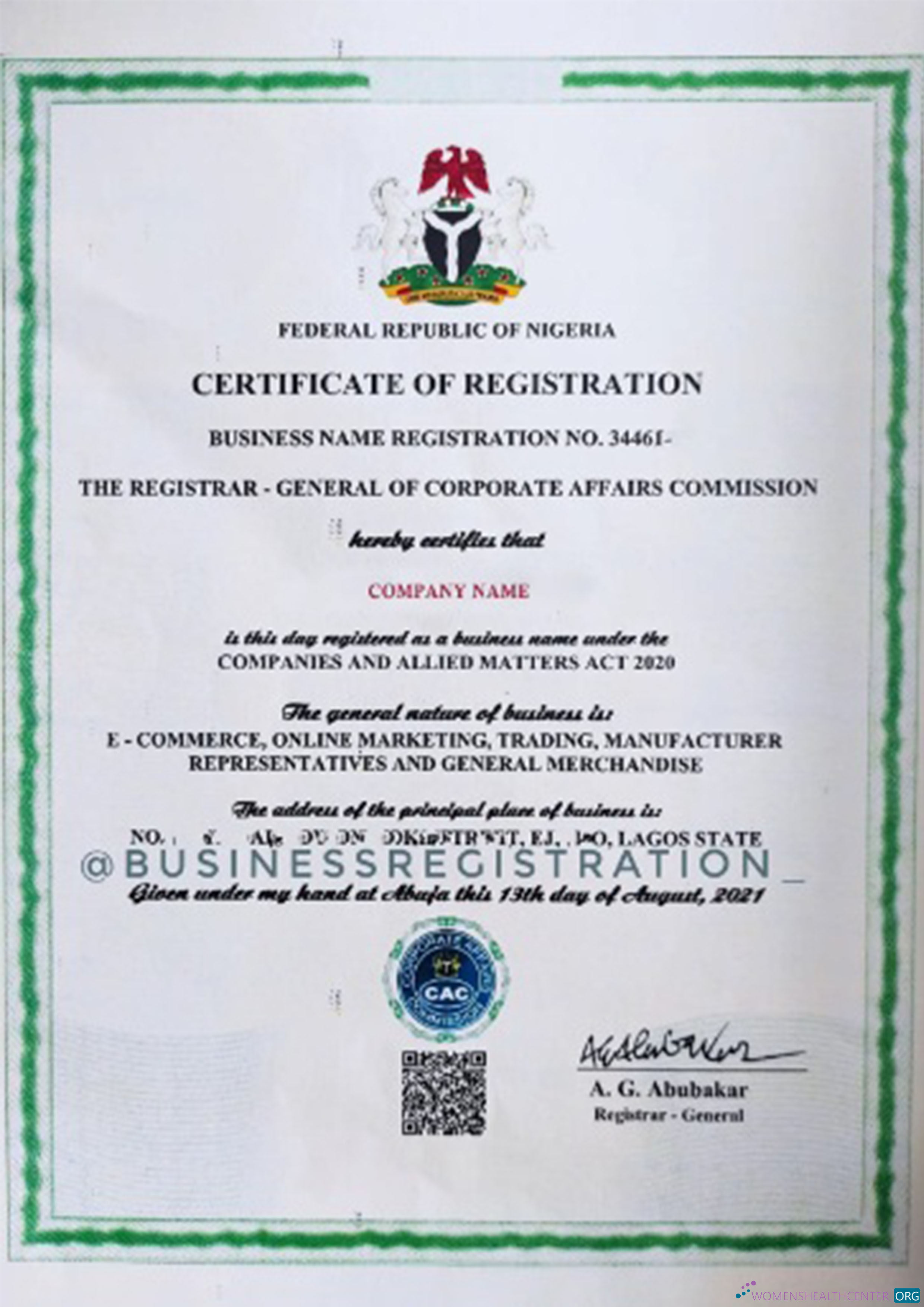 Hochwertige Herunterladen Nigeria Certificate von Registration Photoshop Vorlage