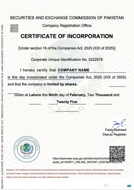Professionelle Herunterladen Pakistan Certificate von Incorporation Word und PDF Vorlage Photoshop Vorlage