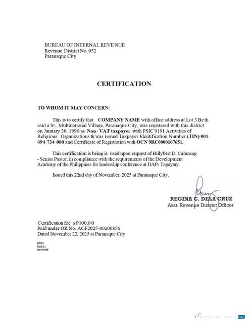 Editierbare Herunterladen Philippinen Tax Certification Word und PDF Vorlage Photoshop Vorlage