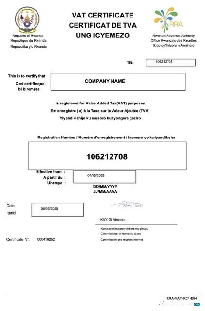 Premium Herunterladen Ruanda VAT Certificate Word und PDF Vorlage Photoshop Vorlage