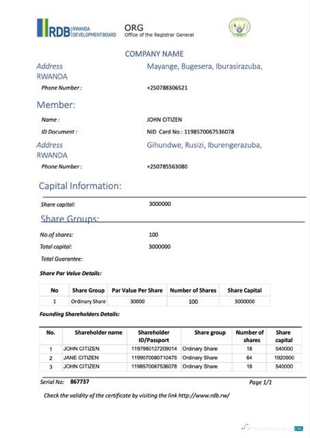 Premium Herunterladen Ruanda Certificate von Registration Word und PDF Vorlage Photoshop Vorlage