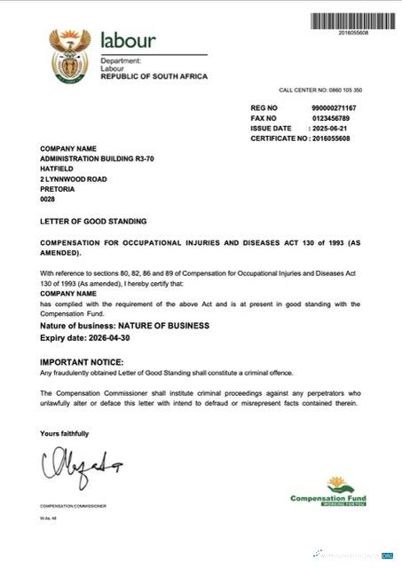 Hochwertige Herunterladen Südafrika Letter von Good Standing Word und PDF Vorlage Photoshop Vorlage