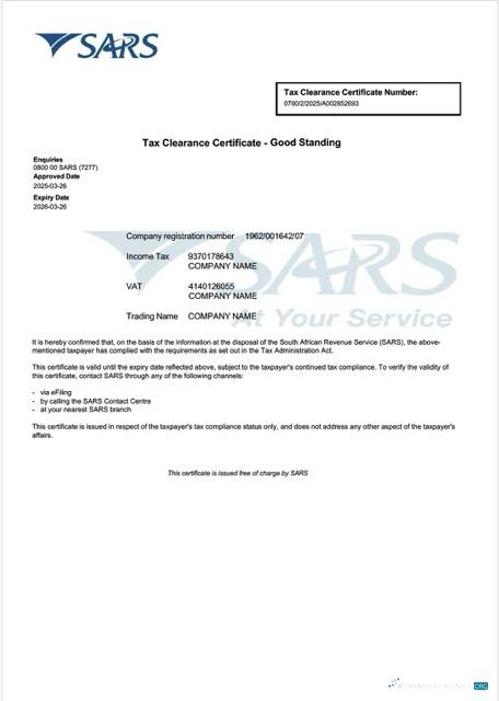 Professionelle Herunterladen Südafrika Tax Clearance Certificate Word und PDF Vorlage Photoshop Vorlage