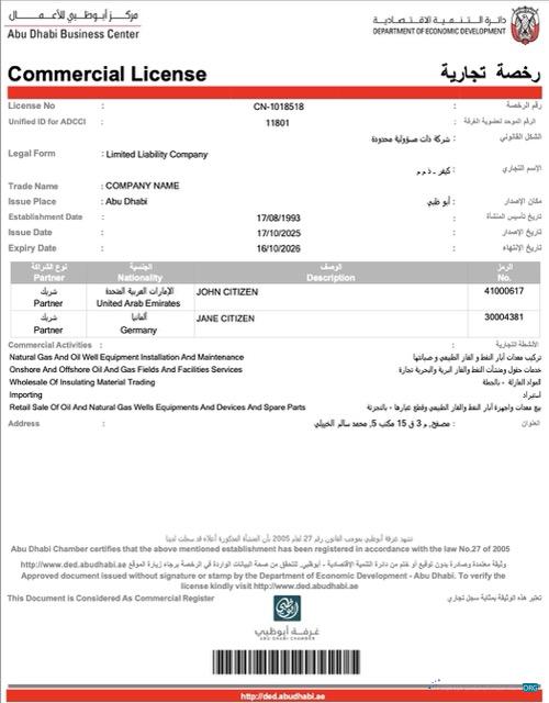 Editierbare Herunterladen UAE Abu Dhabi Kommerziell License Word und PDF Vorlage Photoshop Vorlage