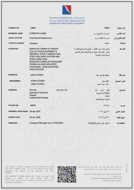 Realistische Herunterladen UAE Al Hamriyah Industrial License Word und PDF Vorlage Photoshop Vorlage