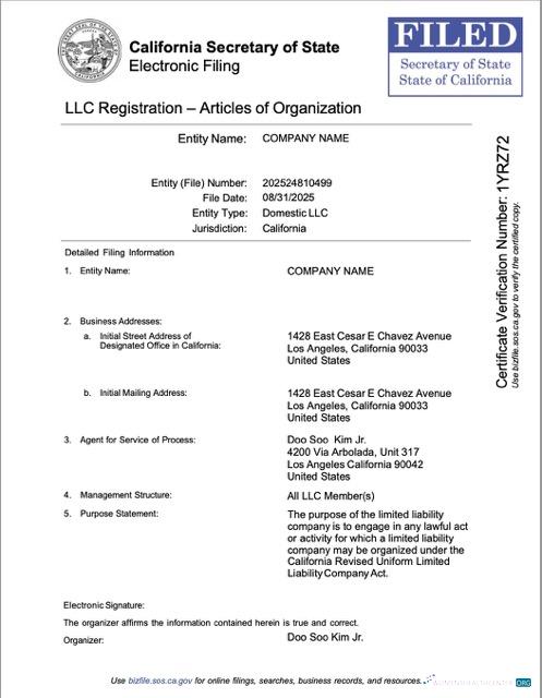 Realistische Herunterladen USA California LLC Registration Word und PDF Vorlage Photoshop Vorlage