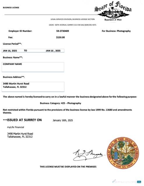 Realistische Herunterladen USA Florida Geschäftlich License Word und PDF Vorlage Photoshop Vorlage