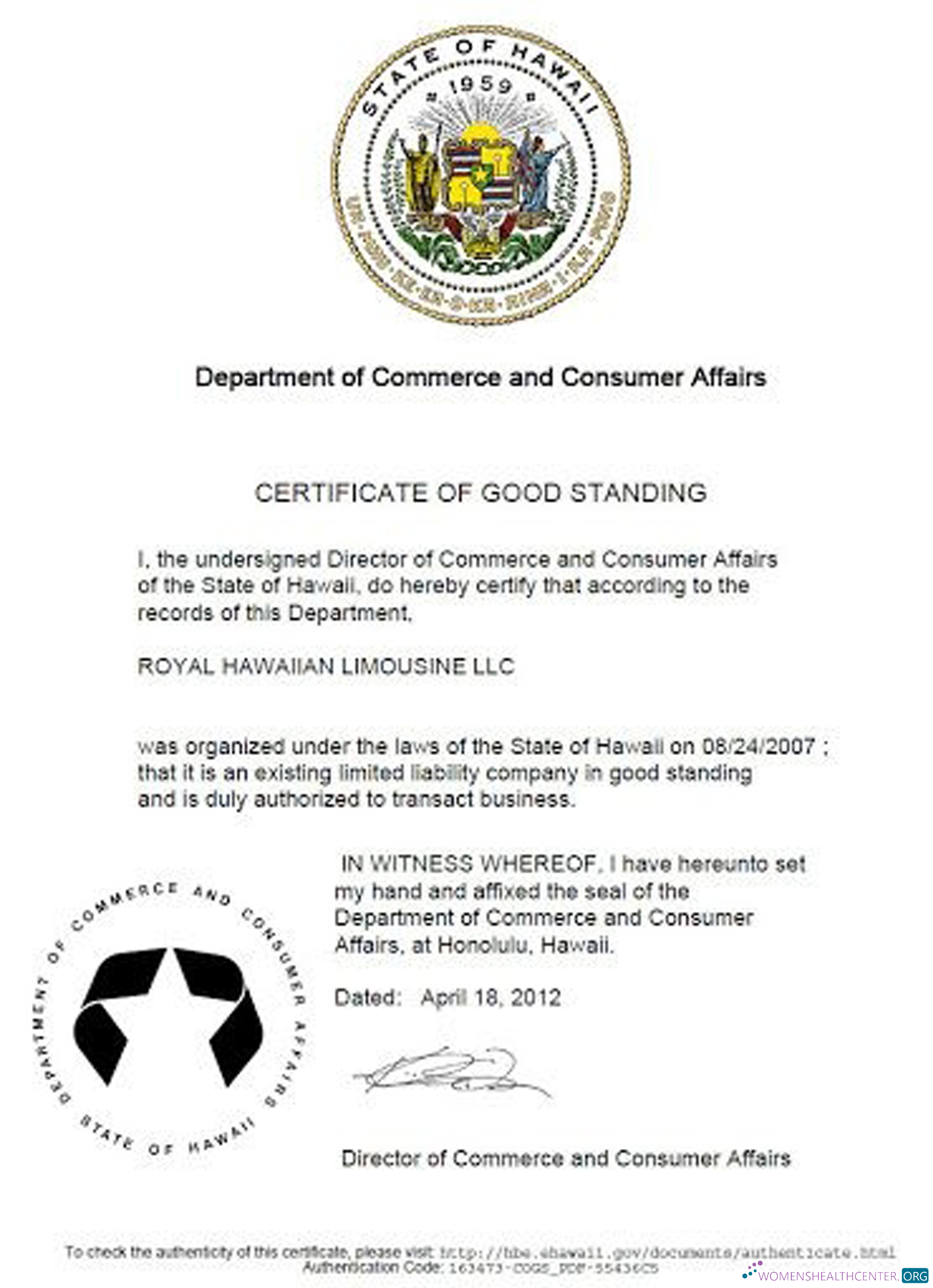 Realistische Herunterladen USA Hawaii Certificate von Good Standing Photoshop Vorlage