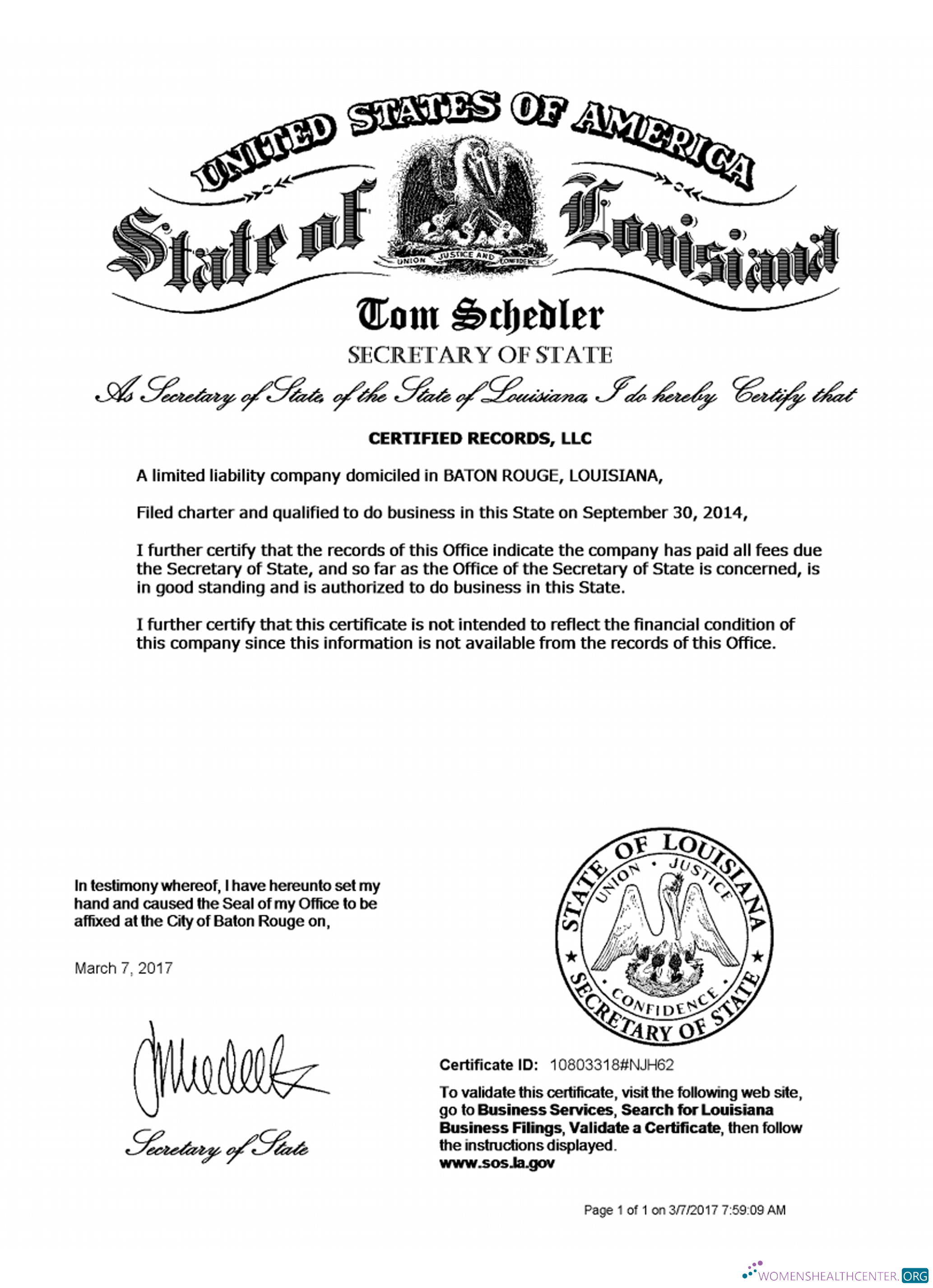 Editierbare Herunterladen USA Louisiana Certificate von Good Standing Photoshop Vorlage