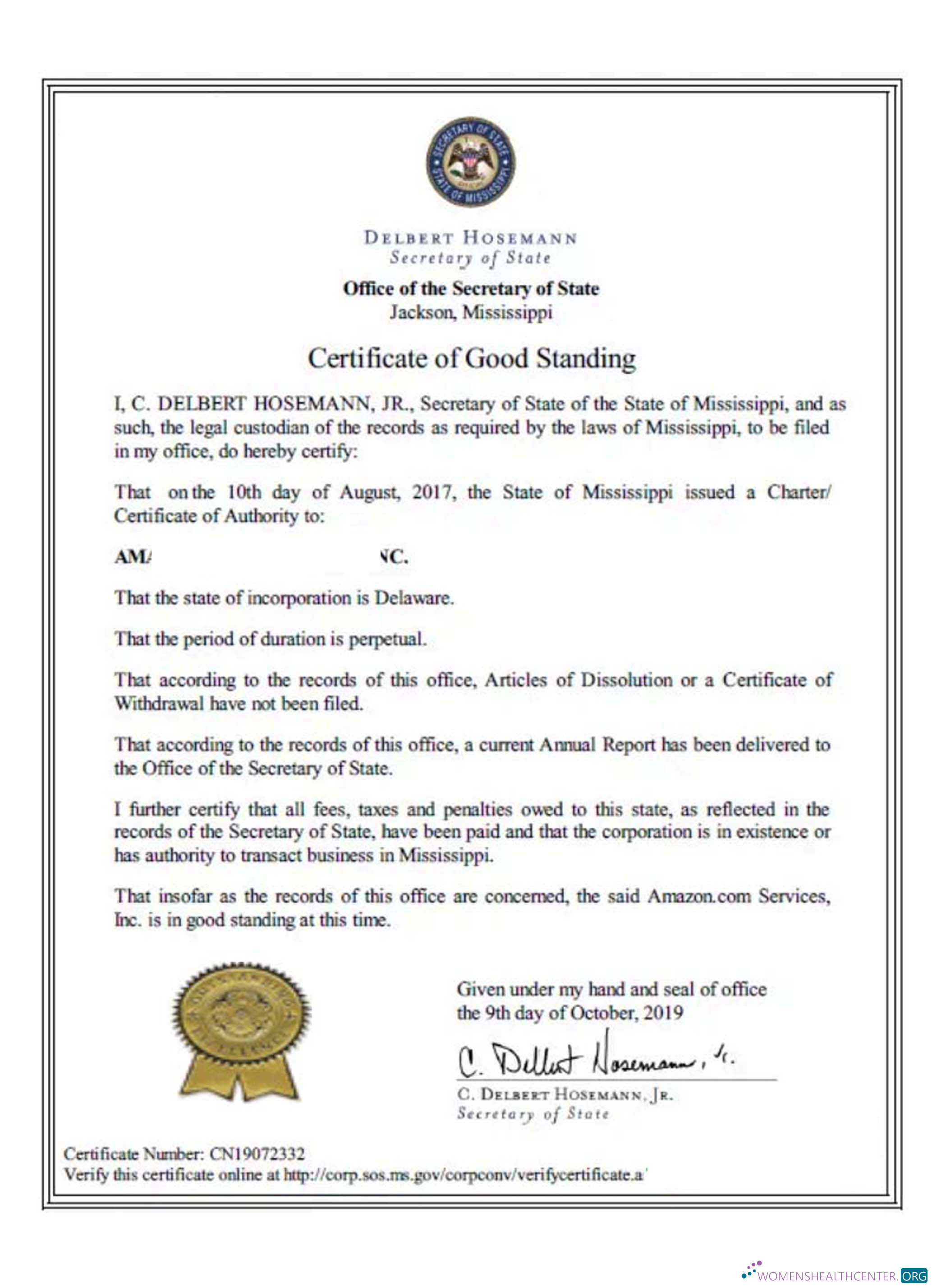 Premium Herunterladen USA Mississippi Certificate von Good Standing Photoshop Vorlage