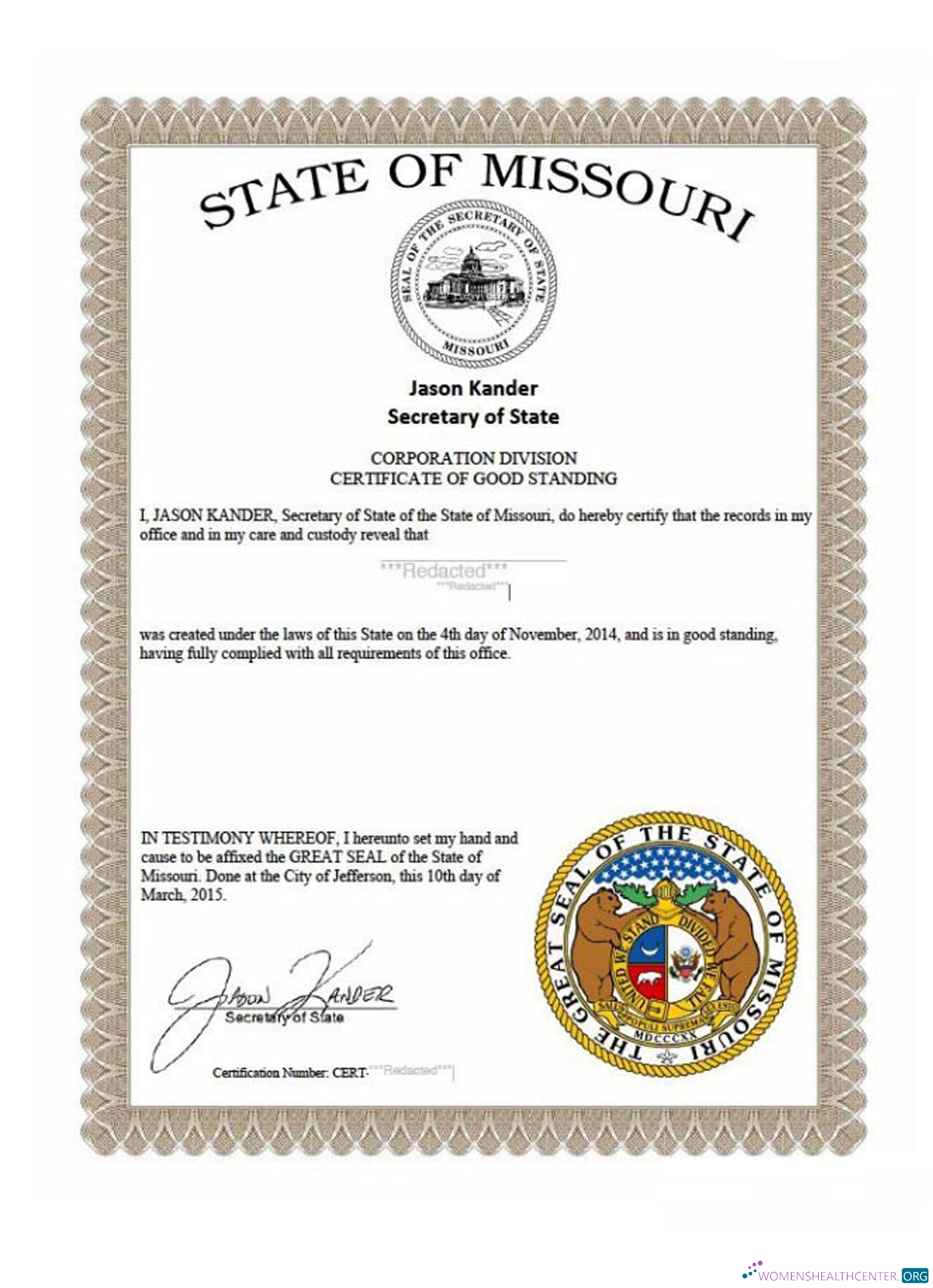 Editierbare Herunterladen USA Missouri Certificate von Good Standing Photoshop Vorlage
