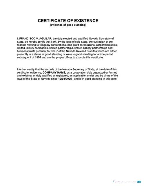 Professionelle Herunterladen USA Nevada Certificate von Existence Word und PDF Vorlage Photoshop Vorlage