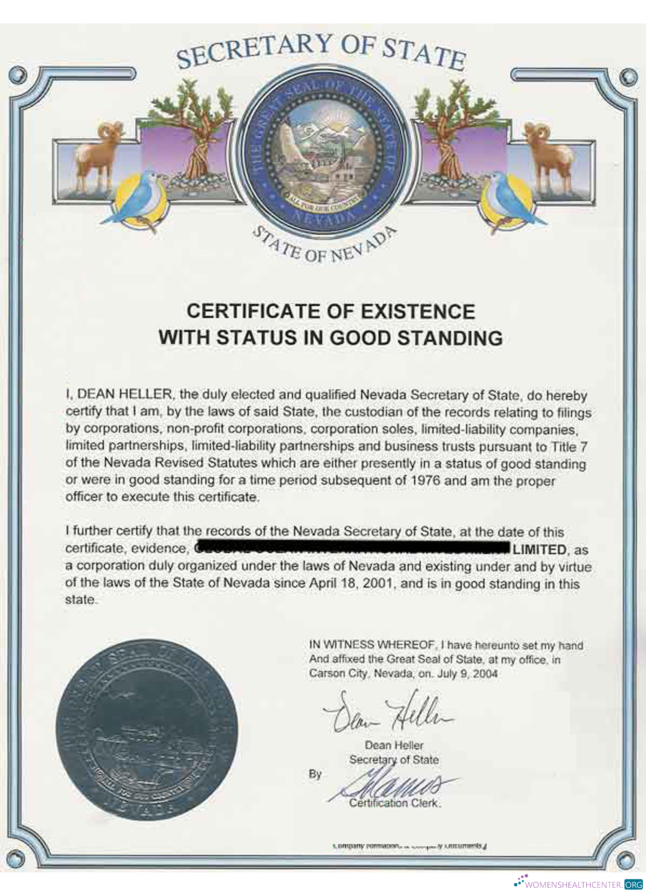 Premium Herunterladen USA Nevada Certificate von Good Standing Photoshop Vorlage
