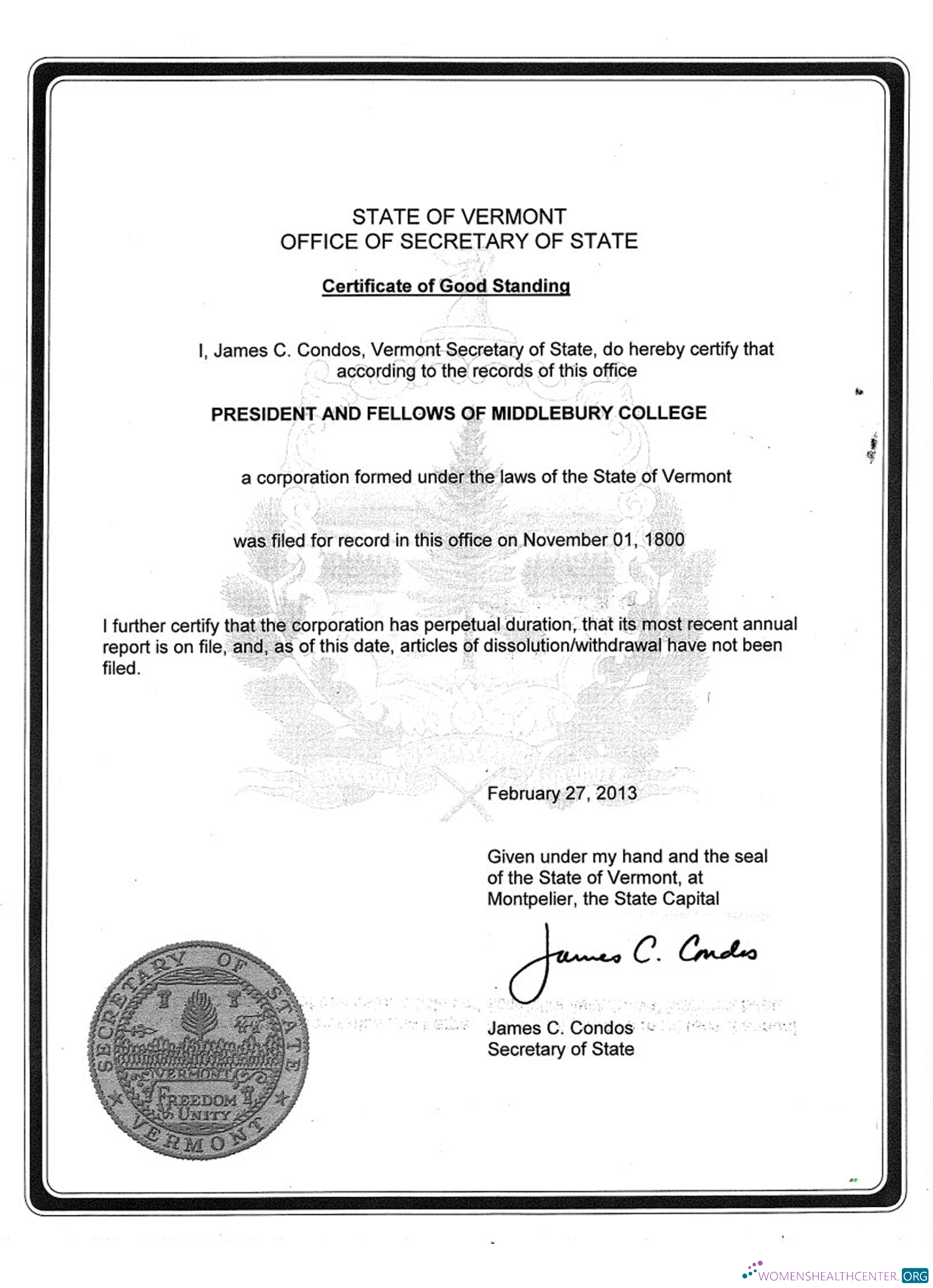 Hochwertige Herunterladen USA Vermont Certificate von Good Standing Photoshop Vorlage