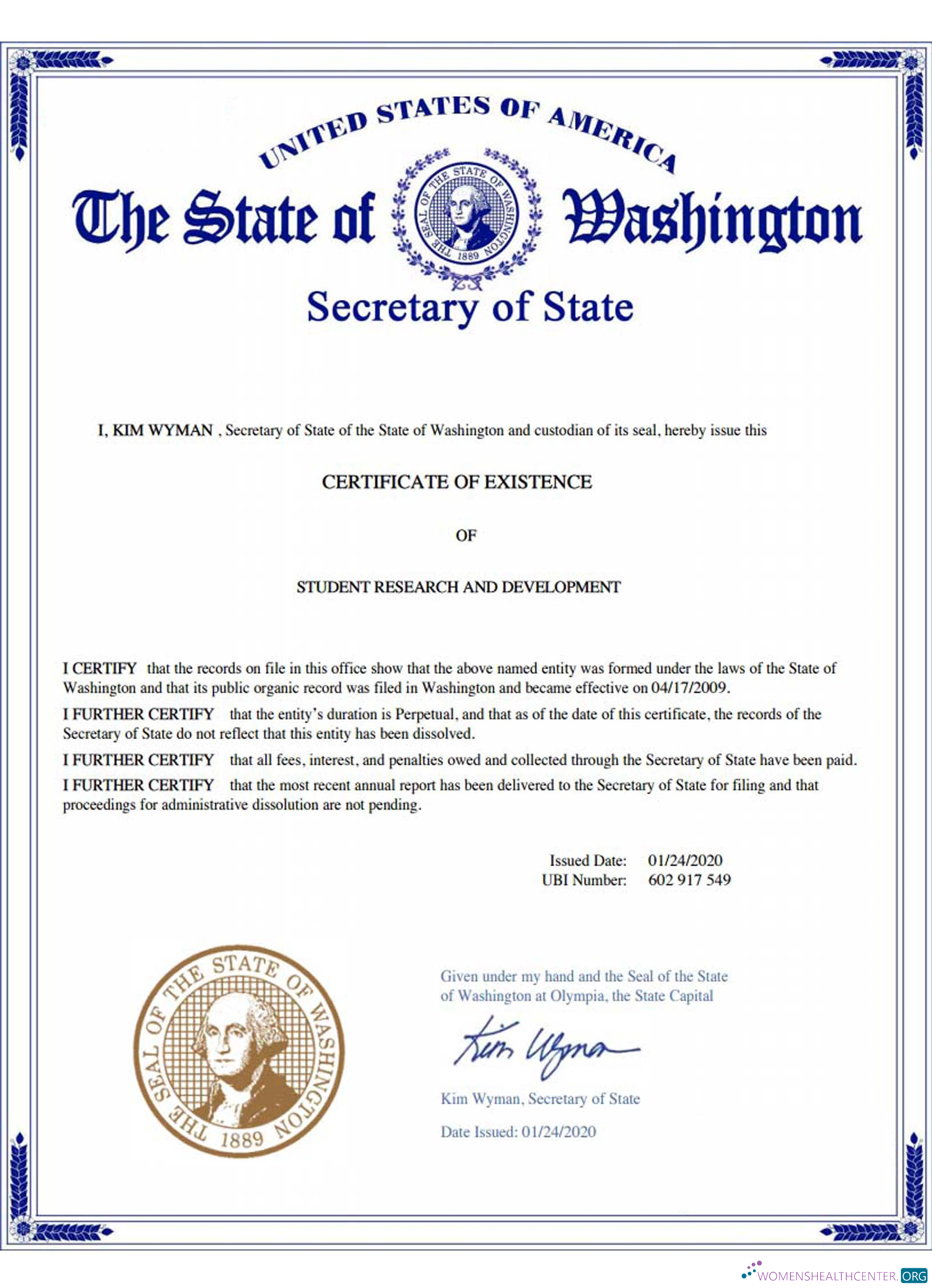 Realistische Herunterladen USA Washington Certificate von Good Standing Photoshop Vorlage