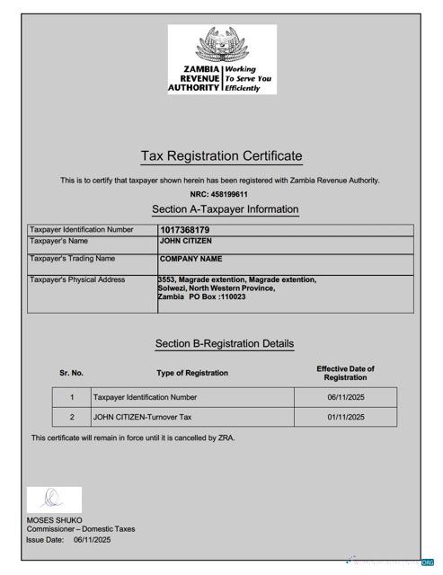 Hochwertige Herunterladen Sambia Tax Registration Certificate Word und PDF Vorlage Photoshop Vorlage