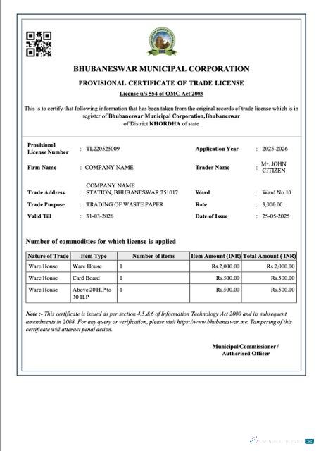 Hochwertige Indien Bhubaneswar Provisional Certificate von Trade License Word und PDF Vorlage
