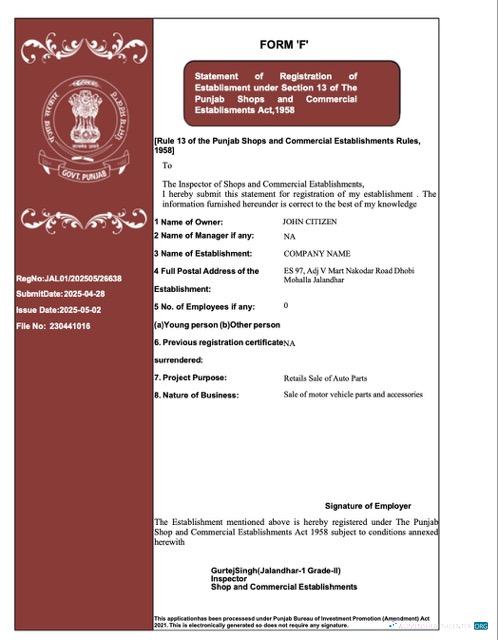 Editierbare Indien Punjab Registration Certificate Word und PDF Vorlage, Version 2