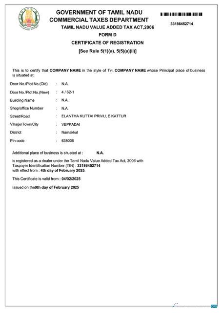Realistische Indien Tamil Nadu VAT Registration Certificate Word und PDF Vorlage