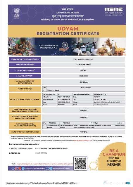 Professionelle Indien Udyam Registration Certificate Word und PDF Vorlage, Version 2