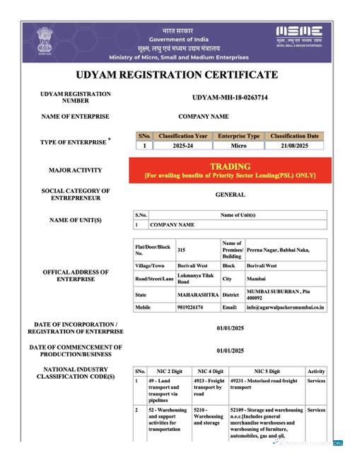Hochwertige Indien Udyam Registration Certificate Word und PDF Vorlage, Version 3