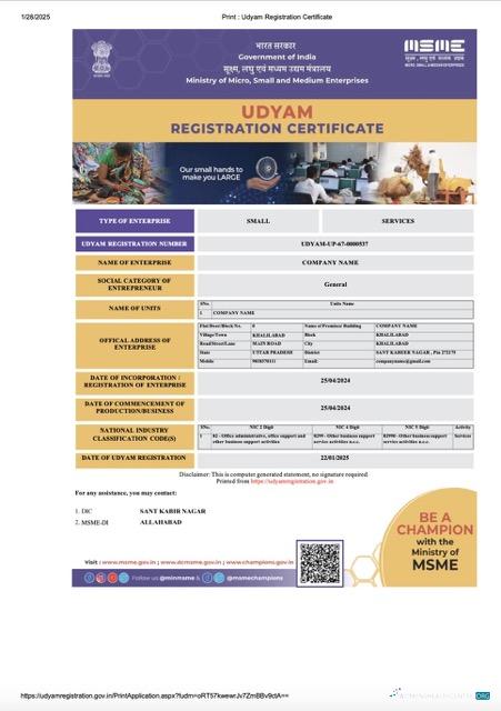 Realistische Indien Udyam Registration Certificate Word und PDF Vorlage, Version 5