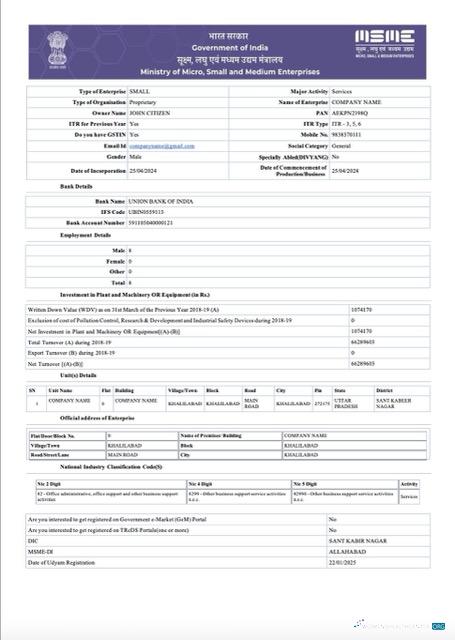 Realistische Indien Udyam Registration Certificate Word und PDF Vorlage, Version 6