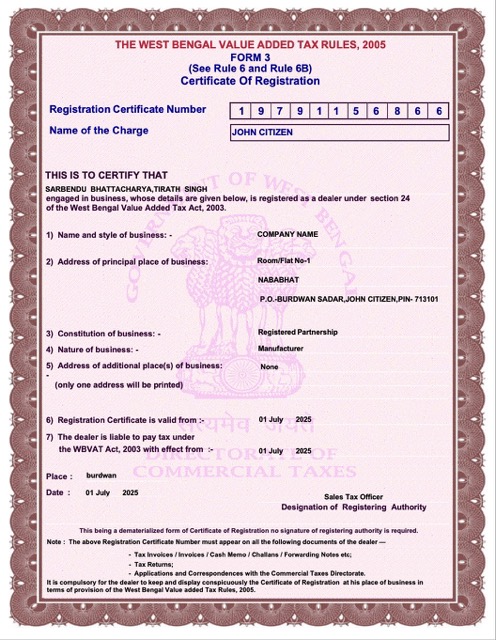 Realistische Indien West Bengal Certificate von Registration Word und PDF Vorlage