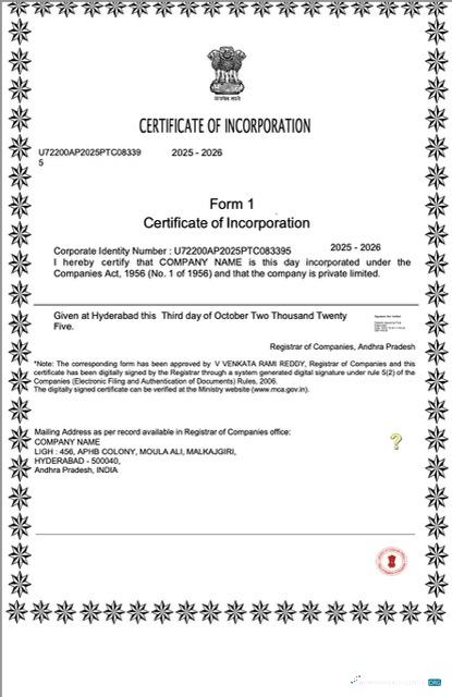 Editierbare Indien Certificate von Incorporation Word und PDF Vorlage, Version 2