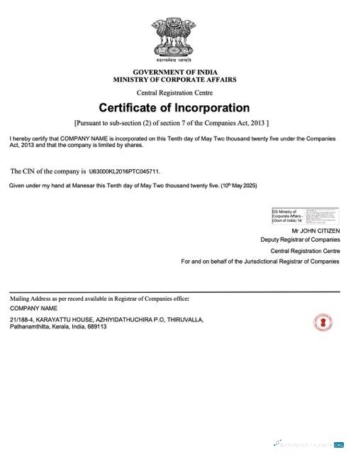 Hochwertige Indien Certificate von Incorporation Word und PDF Vorlage, Version 3