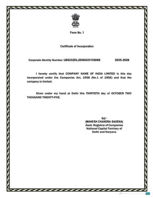 Hochwertige Indien Certificate von Incorporation Word und PDF Vorlage, Version 5