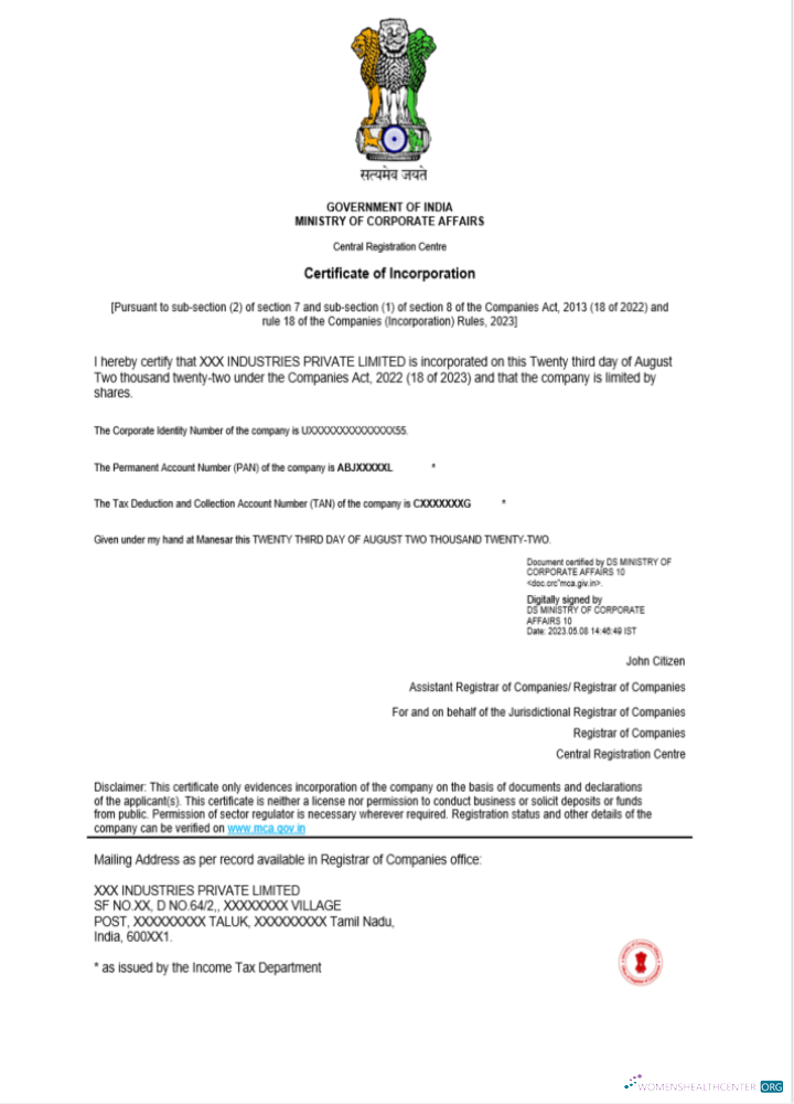 Realistische Indien Certificate von Incorporation Registration Word und PDF Vorlage, Version 2