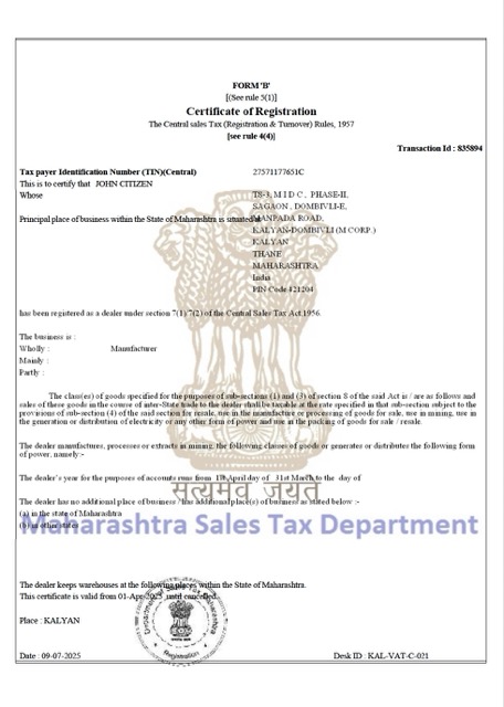 Professionelle Indien Maharashtra Certificate von Taxpayer Registration Word und PDF Vorlage