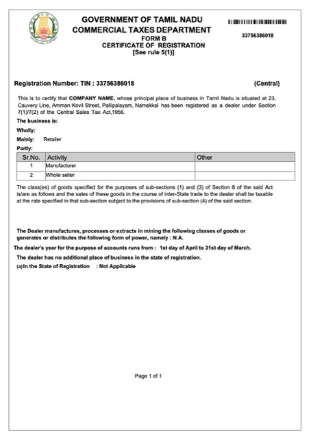Editierbare Indien Tamil Nadu Certificate von Registration Word und PDF Vorlage, Version 2