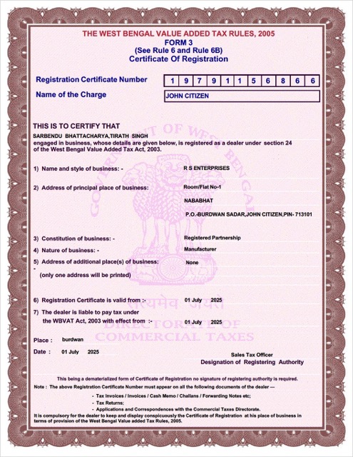 Realistische Indien West Bengal Certificate von VAT Registration Word und PDF Vorlage