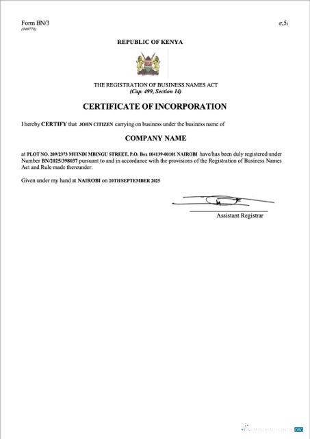 Premium Kenia Certificate von Incorporation Word und PDF Vorlage, Version 2