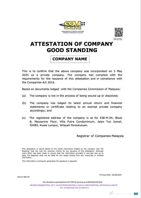 Hochwertige Malaysia Attestation von Unternehmen Good Standing Word und PDF Vorlage