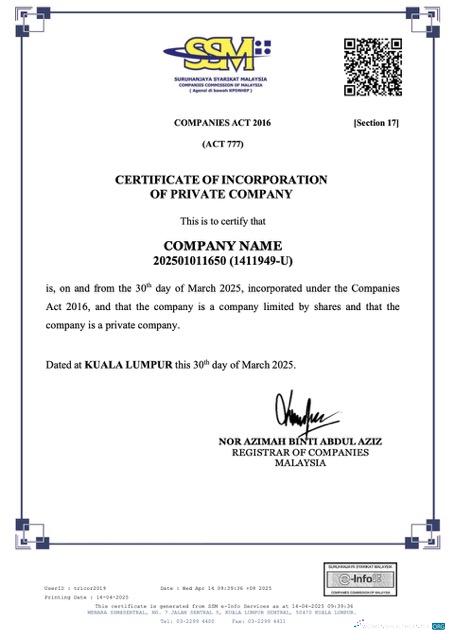 Hochwertige Malaysia Certificate von Incorporation von Privat Unternehmen Word und PDF Vorlage