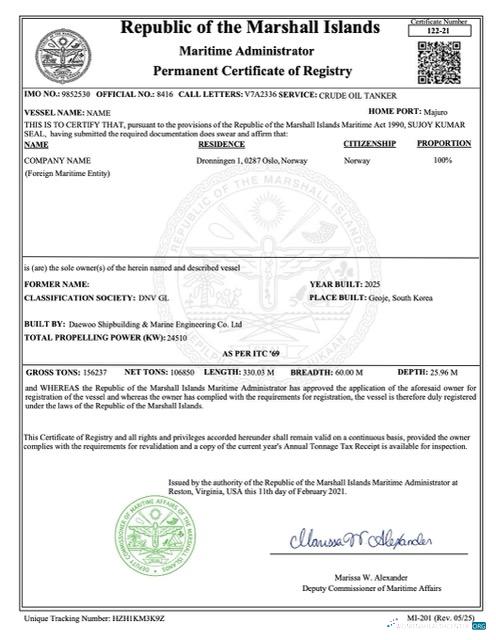 Hochwertige Marshall Inseln Permanent Certificate von Registry Word und PDF Vorlage