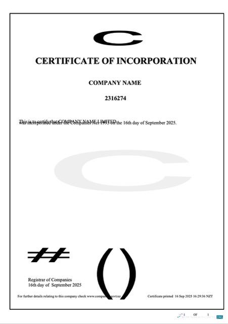 Editierbare Neuseeland Certificate von Incorporation Word und PDF Vorlage, Version 2