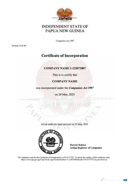 Editierbare Papua-Neuguinea Certificate von Incorporation Word und PDF Vorlage