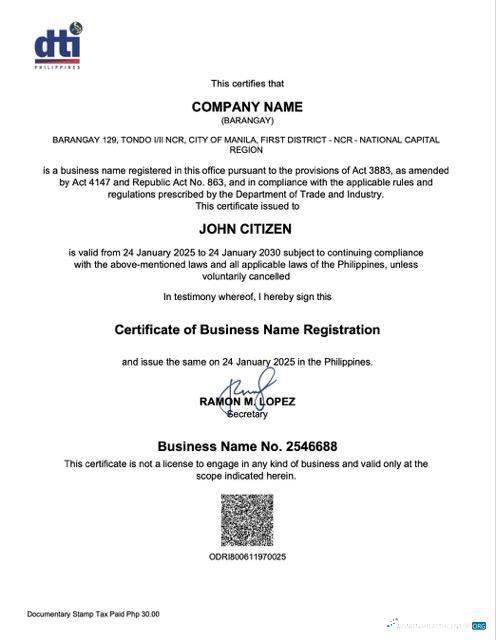 Professionelle Philippinen Barangay Certificate von Geschäftlich Name Registration Word und PDF Vorlage