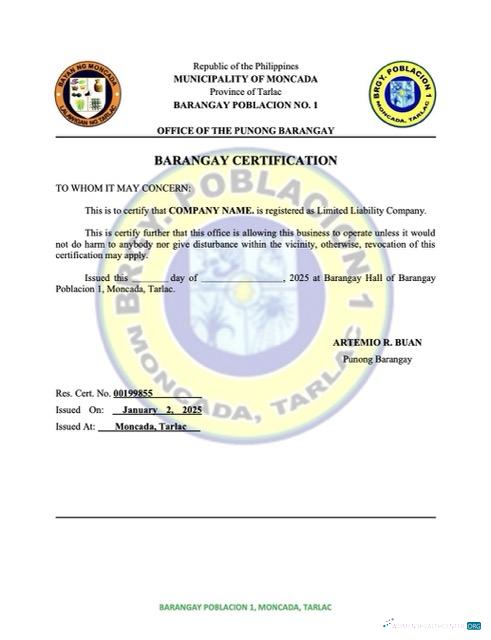 Premium Philippinen Barangay Certification von Registration Word und PDF Vorlage
